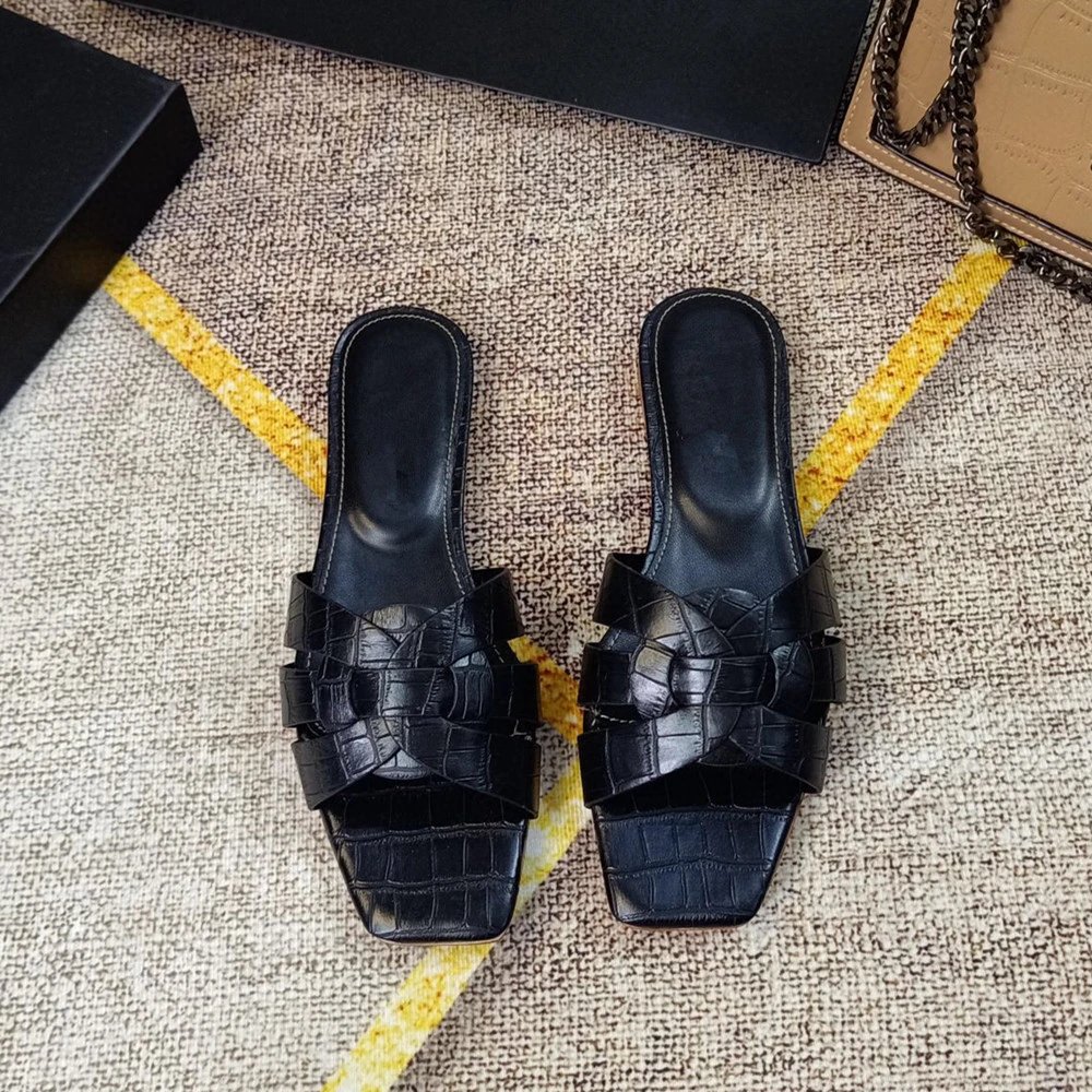 Design Croc-Embossed Square-Toe Slide Sandals Black Slippers