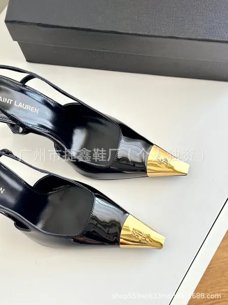 Design Slingback Stiletto Heels Black with Gold Toe Cap Heels - 16