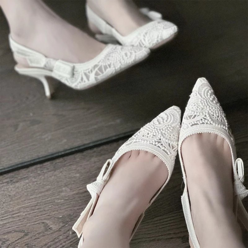 Christian Dior High Heels Lace Pointed-Toe Bow Slingback image 4