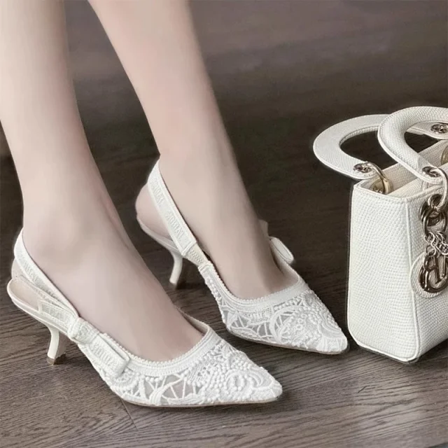 Christian Dior High Heels Lace Pointed-Toe Bow Slingback product detail image 5