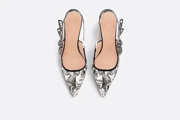 Design Slingback Pointed-Toe Heel in Gray Snake Print with Embroidered Detail - 6