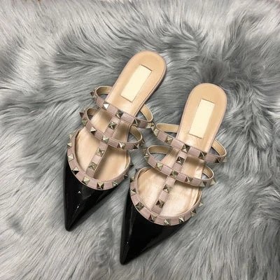 Valentino Rockstud Strappy Mule Black Beige Pointed-Toe Slippers Sandals