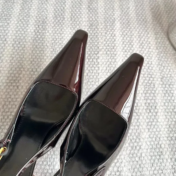 Design Slingback Pointed-Toe Pumps Brown Leather Shoes Heels - 5