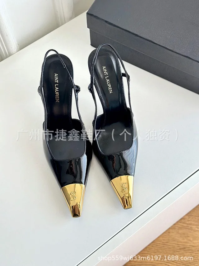 Saint Laurent High Heels Gold Metal Cap-Toe Slingback Pumps product detail image 13