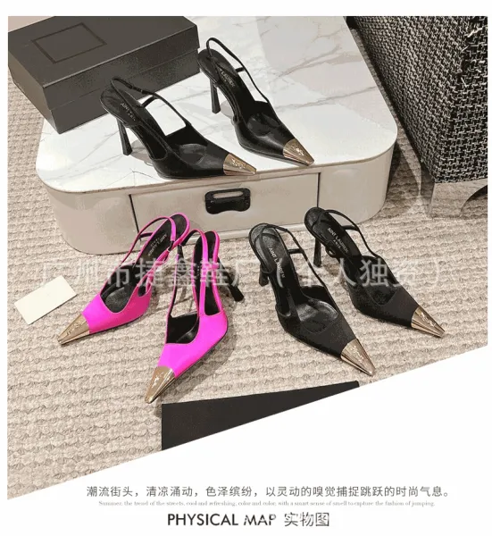 Design Slingback Stiletto Heels Black with Gold Toe Cap Heels - 2