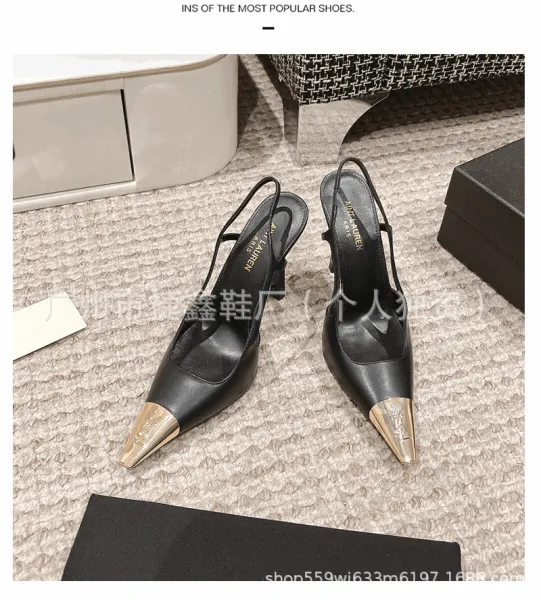 Design Slingback Stiletto Heels Black with Gold Toe Cap Heels - 10