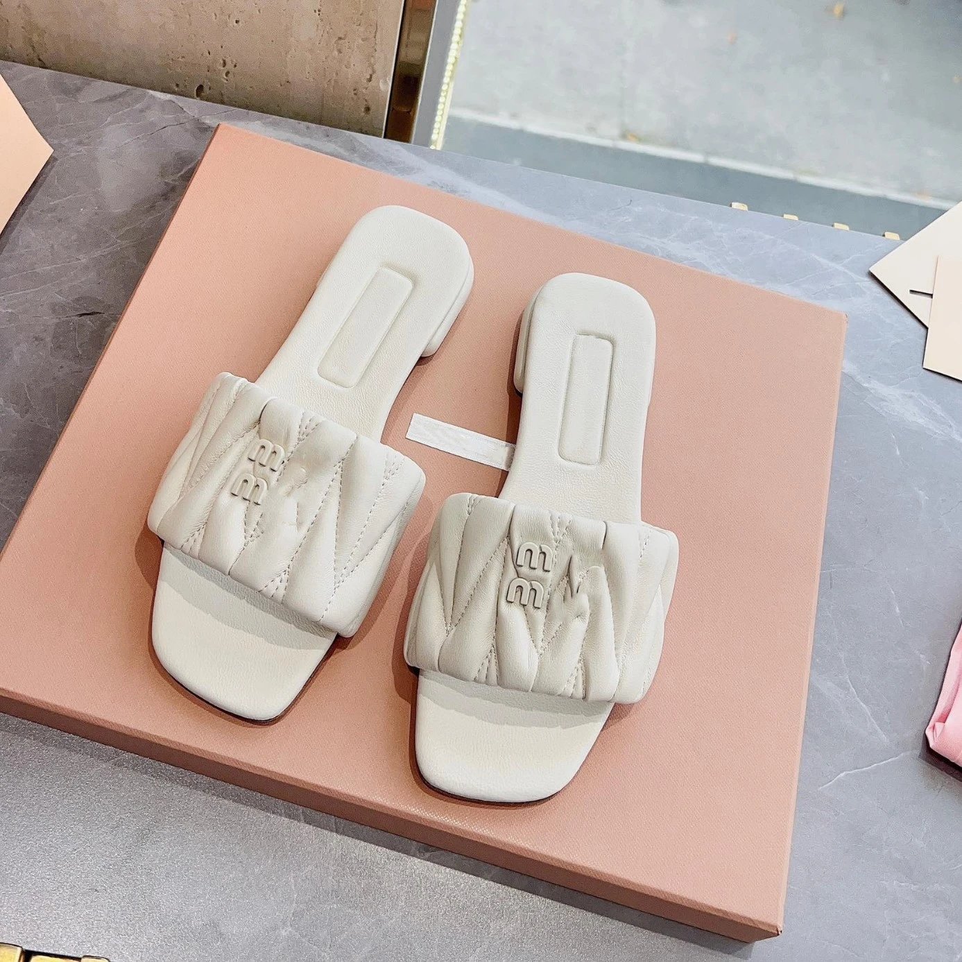 Miu Sandals Square-Toe Quilted Logo Slide image 2