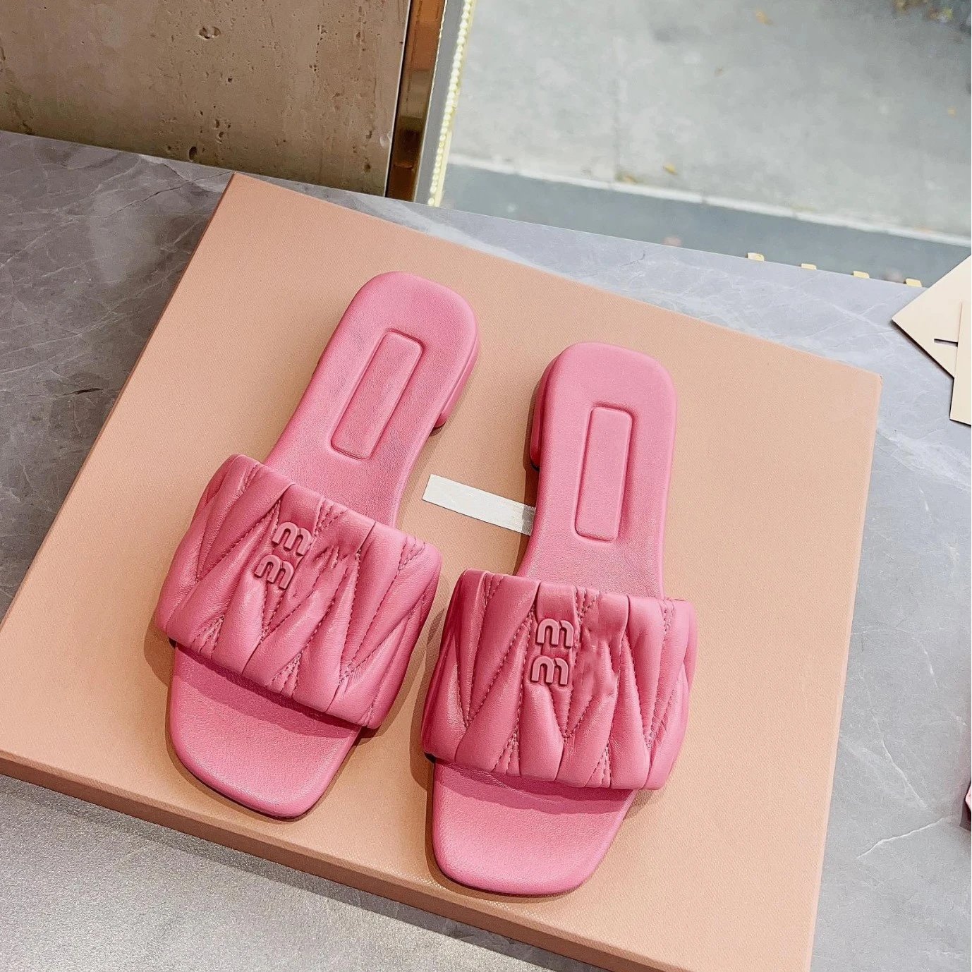 Miu Sandals Square-Toe Quilted Logo Slide image 4