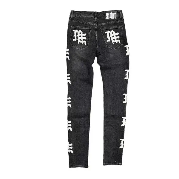 Design Gothic Script Embroidered Black Distressed Jeans - 5