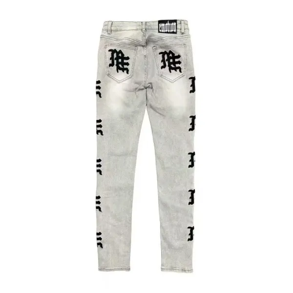 Design Gothic Script Embroidered Black Distressed Jeans - 7