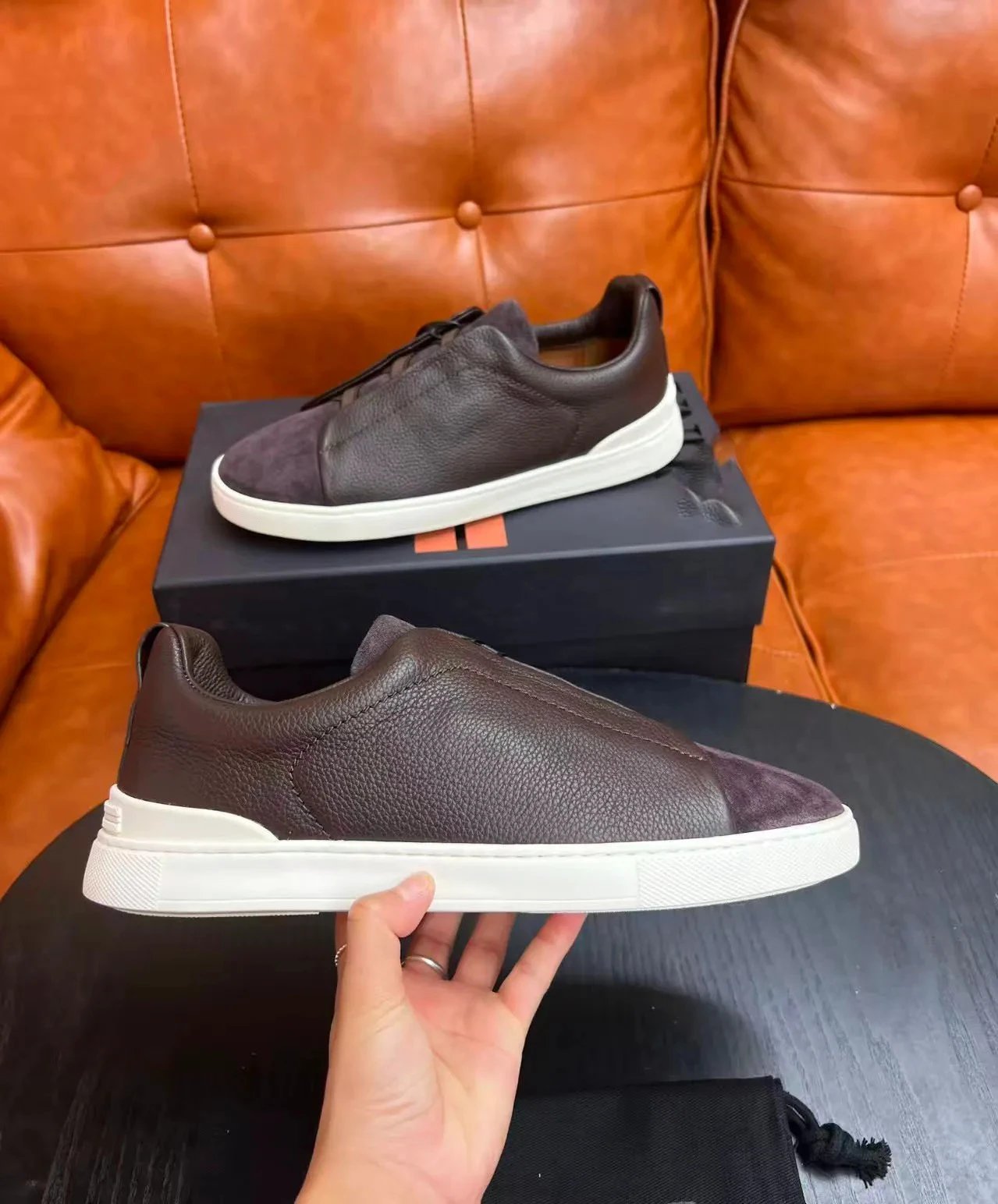 Design Slip-On Leather Suede Two-Tone Brown White Sneakers