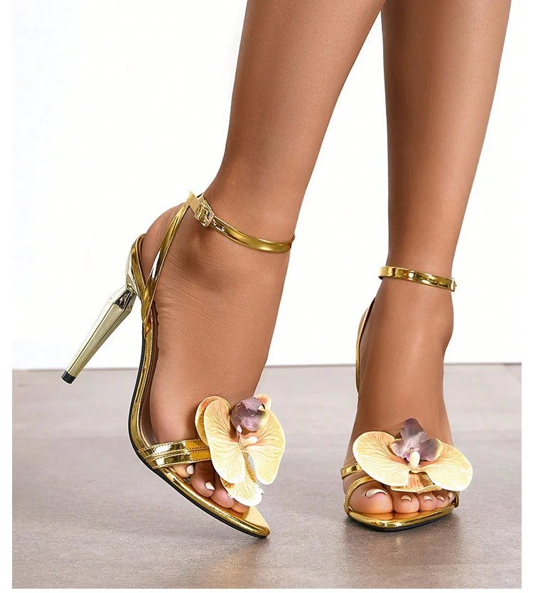 Design Floral Embellished Gold Stiletto Heels - 9