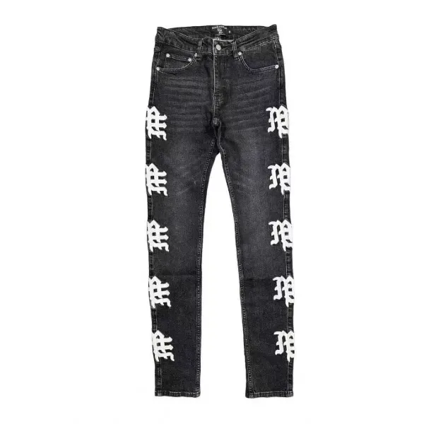 Design Gothic Script Embroidered Black Distressed Jeans - 4