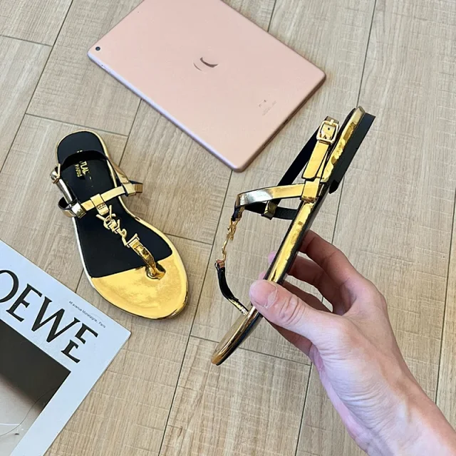 Saint Laurent Sandals YSL Logo Thong Ankle-Strap Flat product detail image 4