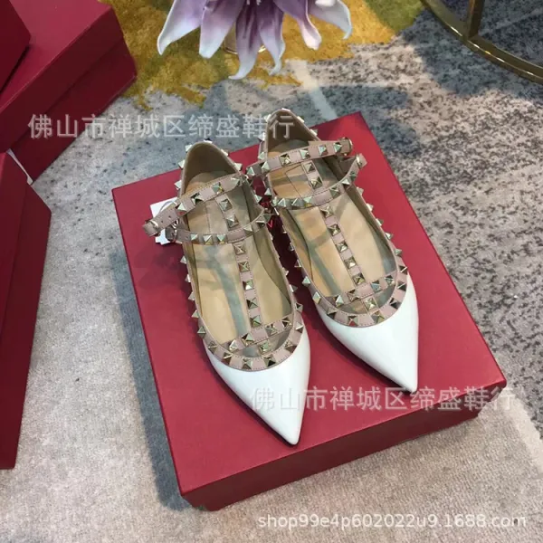 Valentino Rockstud Flat White Leather Pointed-Toe Mary Jane Shoes Loafers - 8