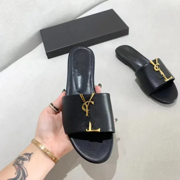 Saint Laurent YSL Monogram Croc-Embossed Slide Sandals Black Slippers - 8