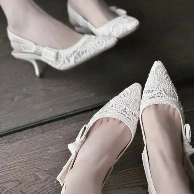 Christian Dior High Heels Lace Pointed-Toe Bow Slingback product detail image 6