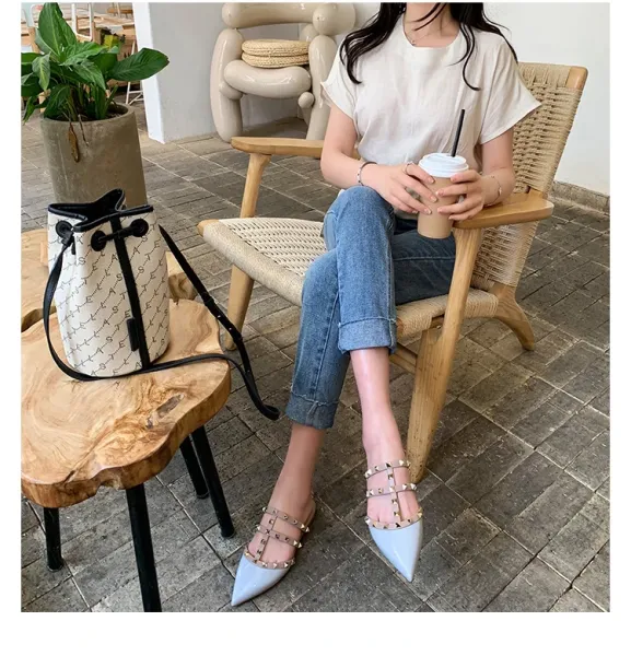 Valentino Rockstud Strappy Mule White Beige Sandals - 9