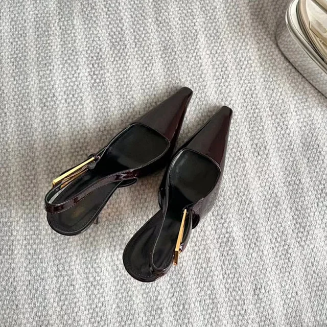 Saint Laurent High Heels Pointed-Toe Patent Leather Slingback Stilettos with Gold-Tone Buckle product detail image 5