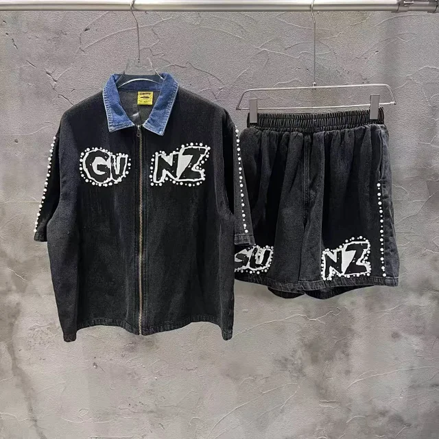 Corteiz Matching Sets Denim zip shirt and shorts set with GUNZ patches pearl trim product detail image 3