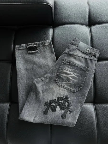 Chrome Hearts Cross Embroidered Distressed Wide-Leg Jeans - 19