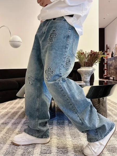 Chrome Hearts Cross Embroidered Distressed Wide-Leg Jeans Blue - 8