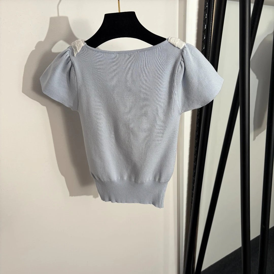 Miu Knitwear Short-Sleeve Lace-Trim Bow Knit Top image 4