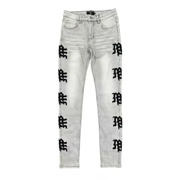 Design Gothic Script Embroidered Black Distressed Jeans - 6