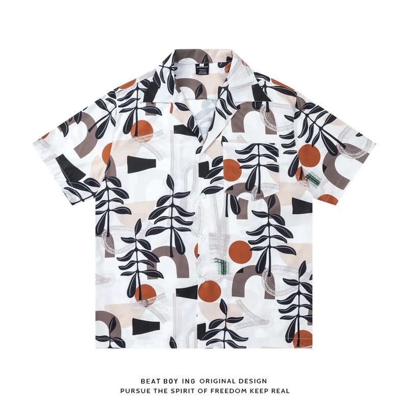 Design Beat Boy Ing Tropical Print Short-Sleeve Shirt White Shirt - 25
