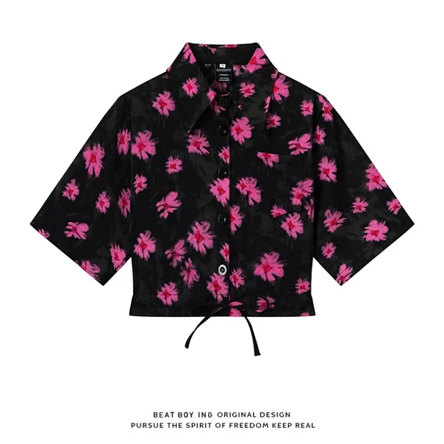 Unbranded Shirts Floral Print Short-Sleeve Drawstring-Hem Shirt product detail image 18