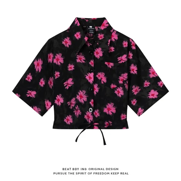 Design Beat Boy Ing Floral Print Cropped Shirt Beige Tops Shirt - 19