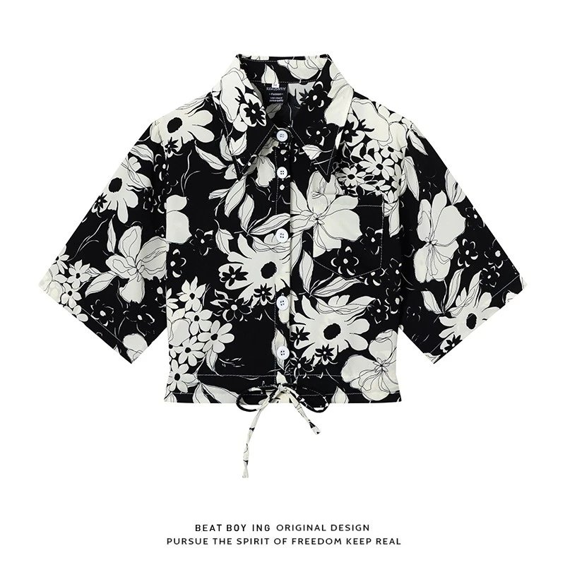 Design Beat Boy Ing Floral Print Cropped Shirt White Tops Shirt - 26