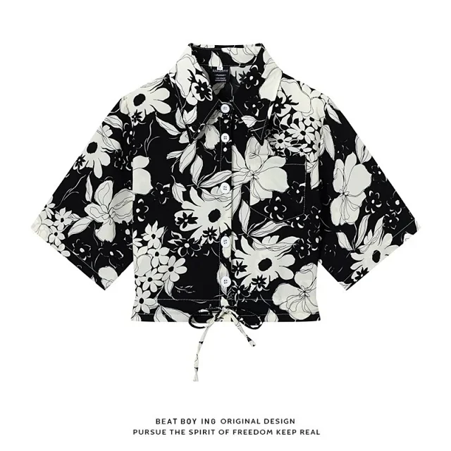 Unbranded Shirts Floral Print Short-Sleeve Drawstring-Hem Shirt product detail image 25