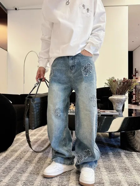 Chrome Hearts Cross Embroidered Distressed Wide-Leg Jeans Blue - 9