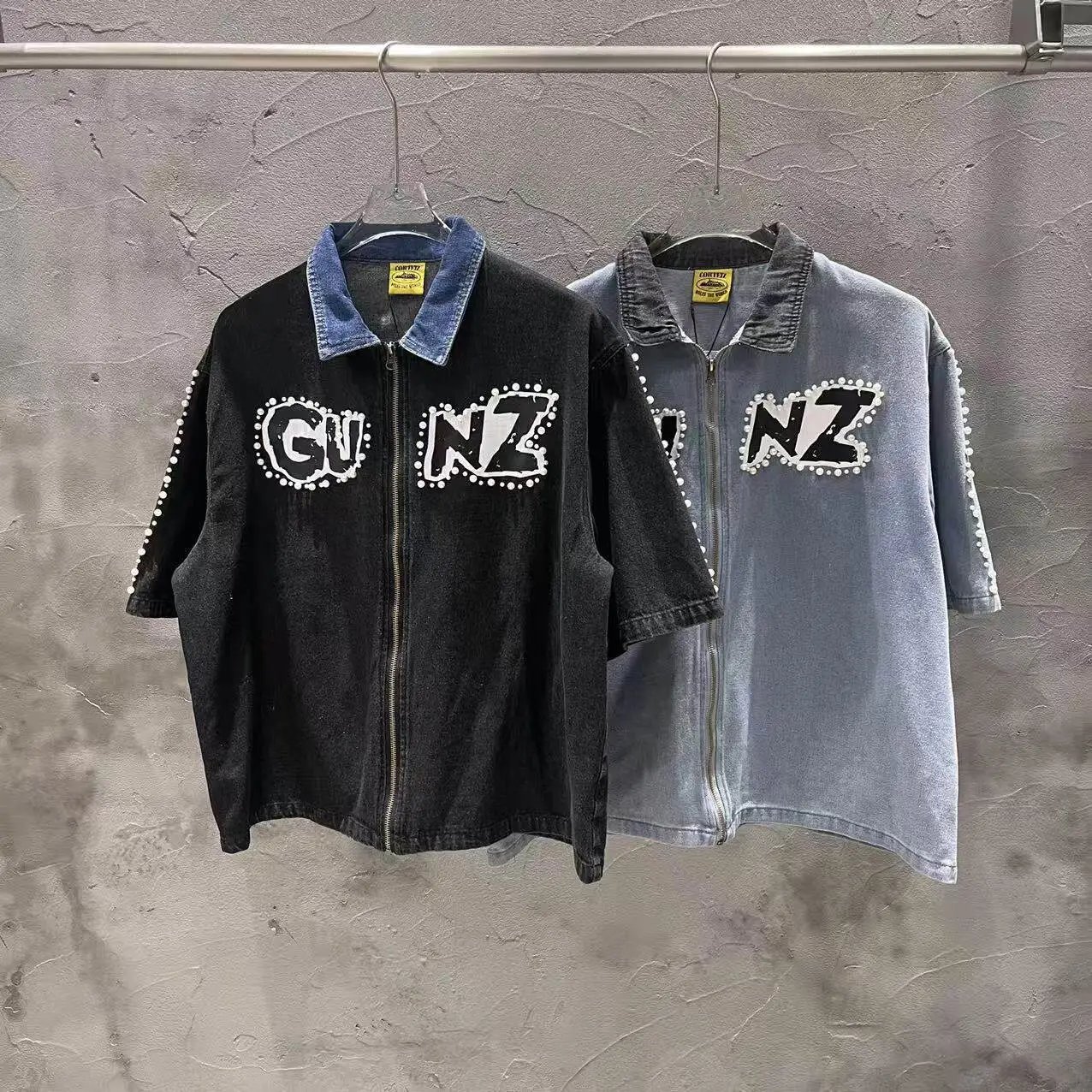Corteiz Matching Sets Denim zip shirt and shorts set with GUNZ patches pearl trim image 4