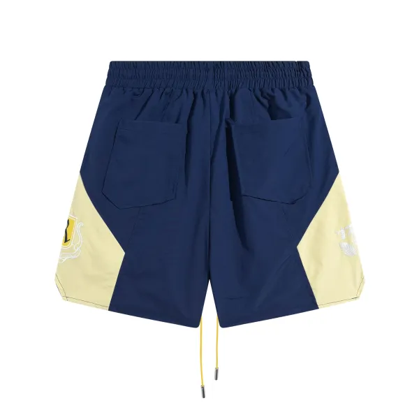 Design Panelled Shorts with Embroidered Crest in Navy and Beige - 7