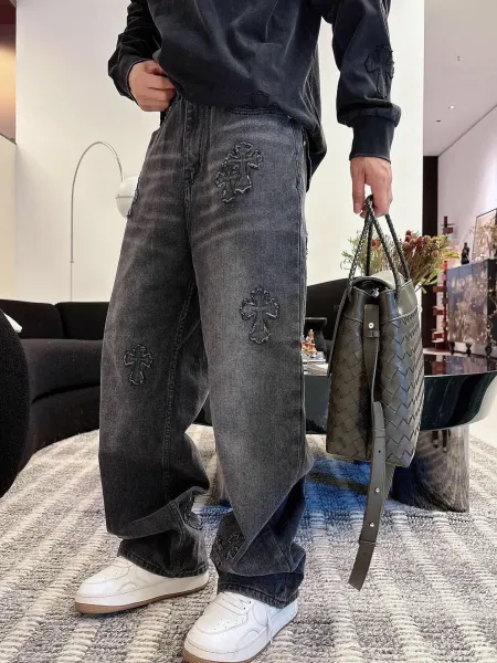 Chrome Hearts Cross Embroidered Distressed Wide-Leg Jeans Blue - 21