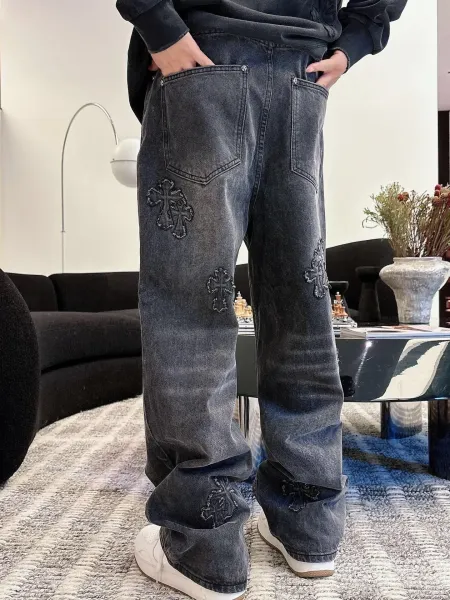 Chrome Hearts Cross Embroidered Distressed Wide-Leg Jeans Blue - 17