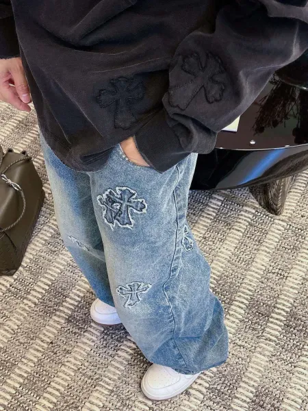 Chrome Hearts Cross Embroidered Distressed Wide-Leg Jeans Blue - 7
