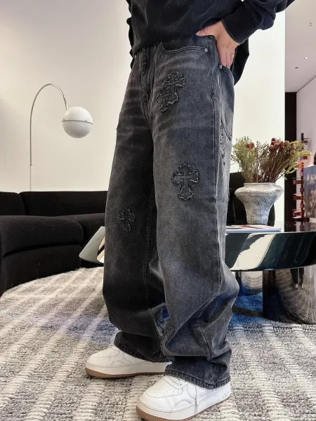 Chrome Hearts Cross Embroidered Distressed Wide-Leg Jeans Blue - 18