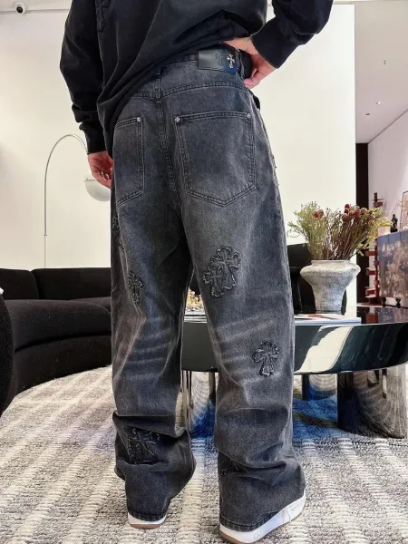 Chrome Hearts Cross Embroidered Distressed Wide-Leg Jeans Blue - 20