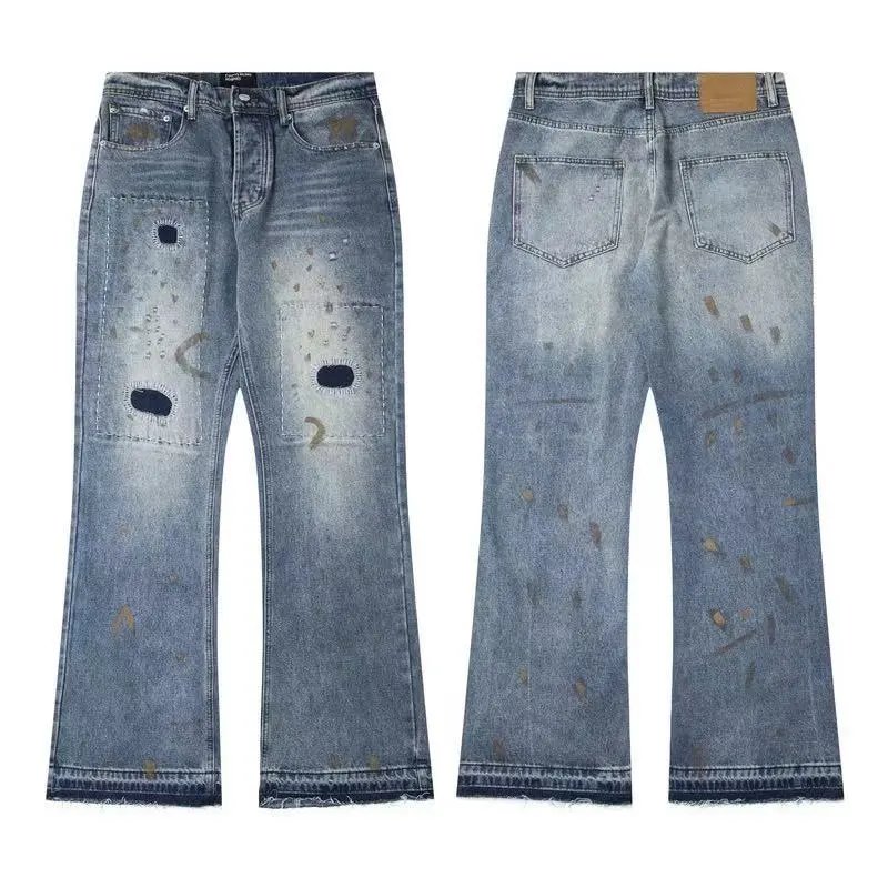 Design Distressed Paint-Splatter Flared Jeans Blue - 7