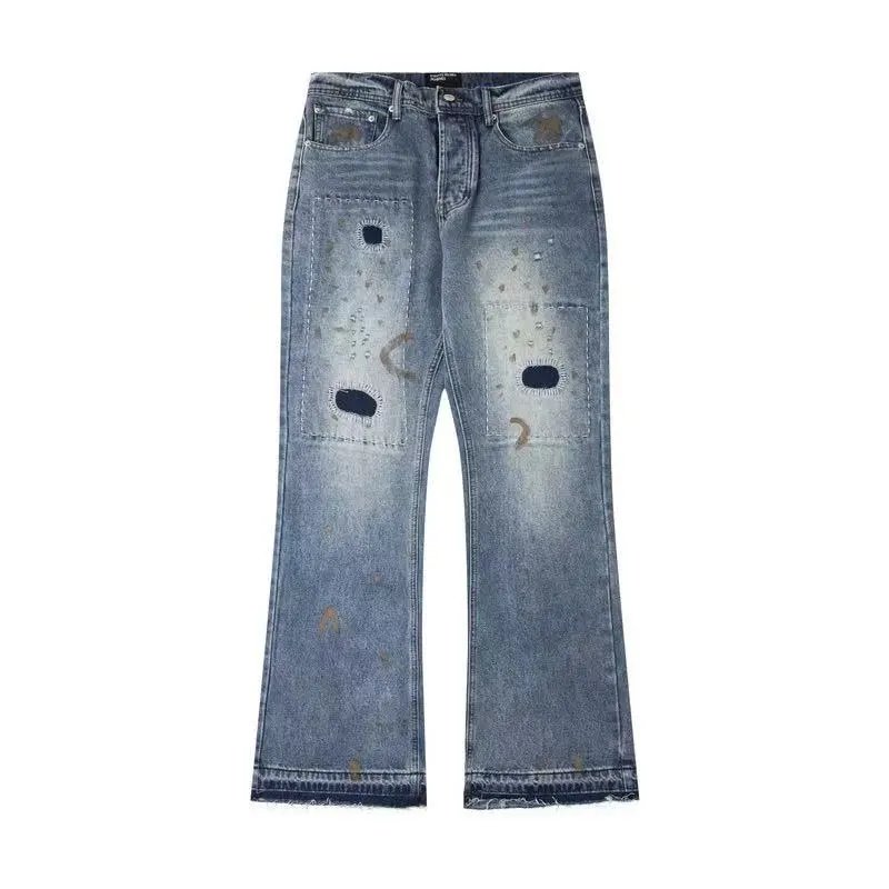 Design Distressed Paint-Splatter Flared Jeans Blue - 8