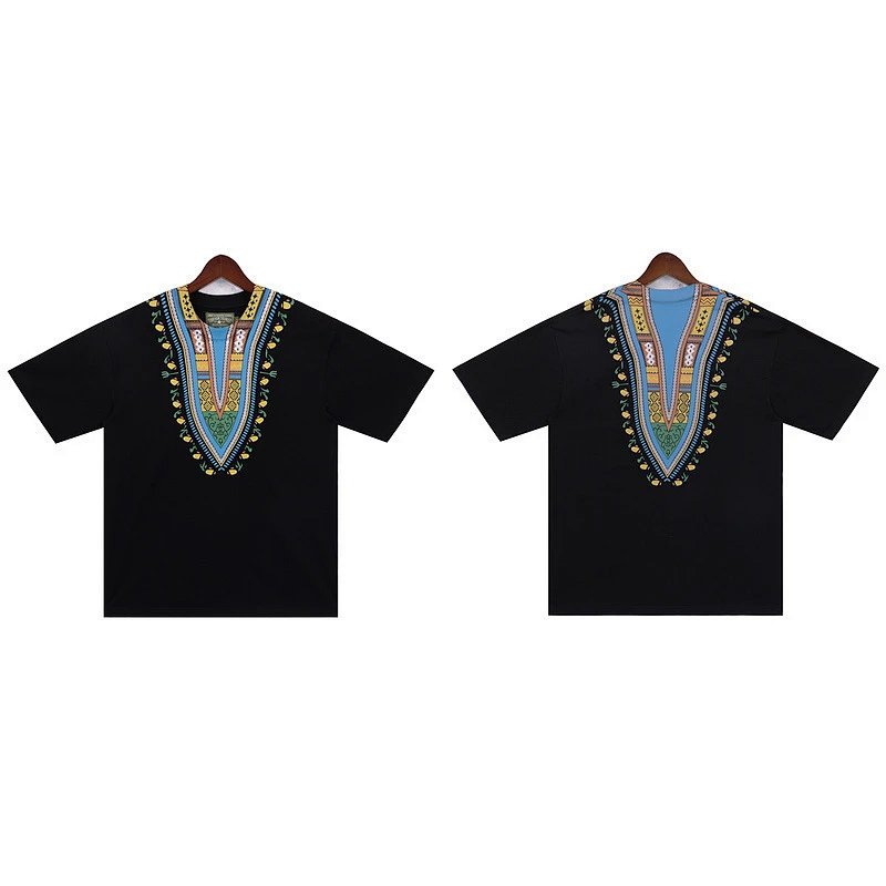 Dashiki-Style Embroidered V-Neck T-Shirt Black