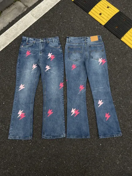 Design Lightning Print Flared Jeans Blue - 8