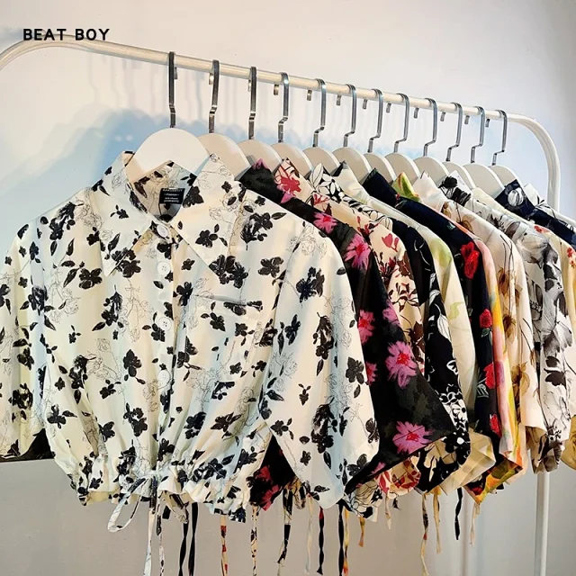 Unbranded Shirts Floral Print Short-Sleeve Drawstring-Hem Shirt product detail image 5