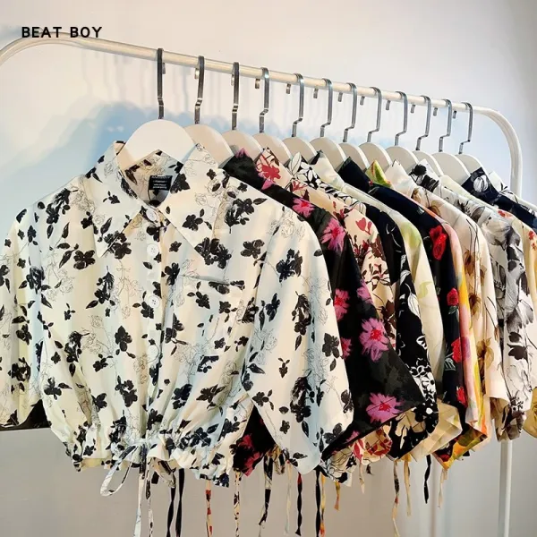 Design Beat Boy Ing Floral Print Cropped Shirt Beige Tops Shirt - 6