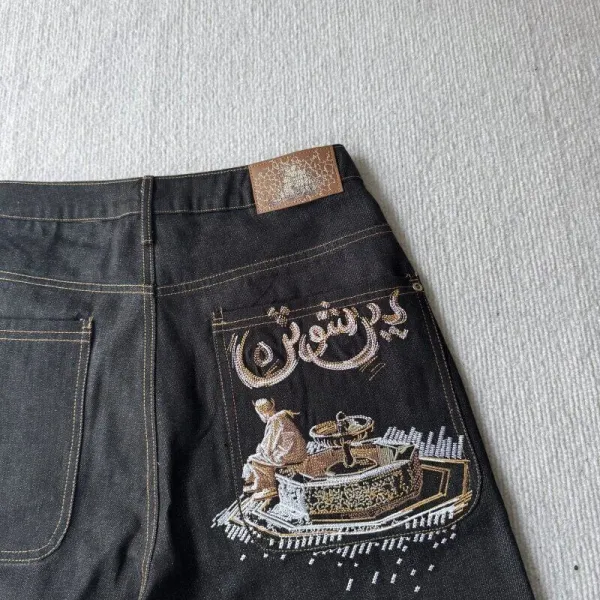 Design Embroidered Cherry Blossom Denim Shorts Black - 18