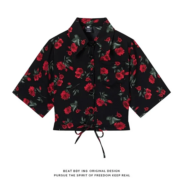 Unbranded Shirts Floral Print Short-Sleeve Drawstring-Hem Shirt product detail image 22