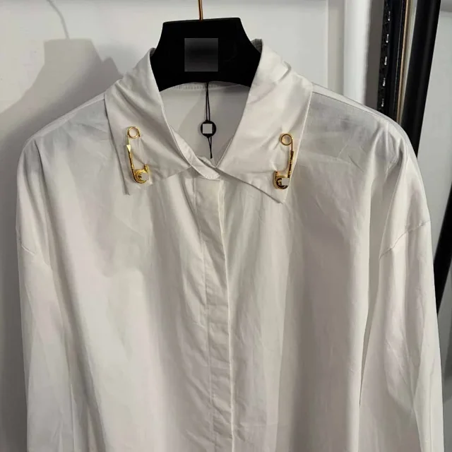 Versace Shirts Long-Sleeve Button-Up Shirt with Gold Safety-Pin Collar Detail product detail image 4